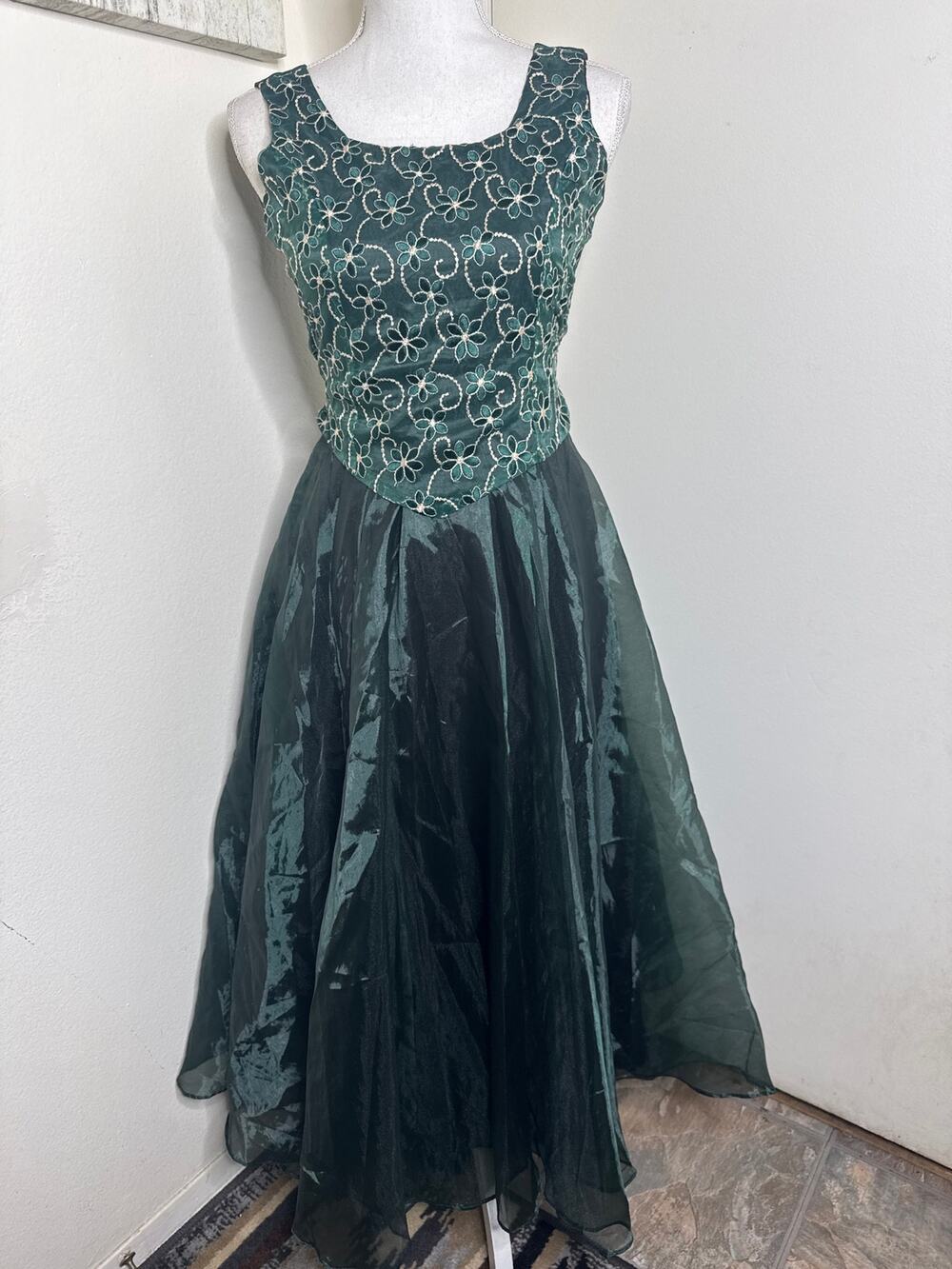 Vintage 90s GOOD GIRL Teal Green Floral Lace Taffeta Prom Formal Dress Gown Teen